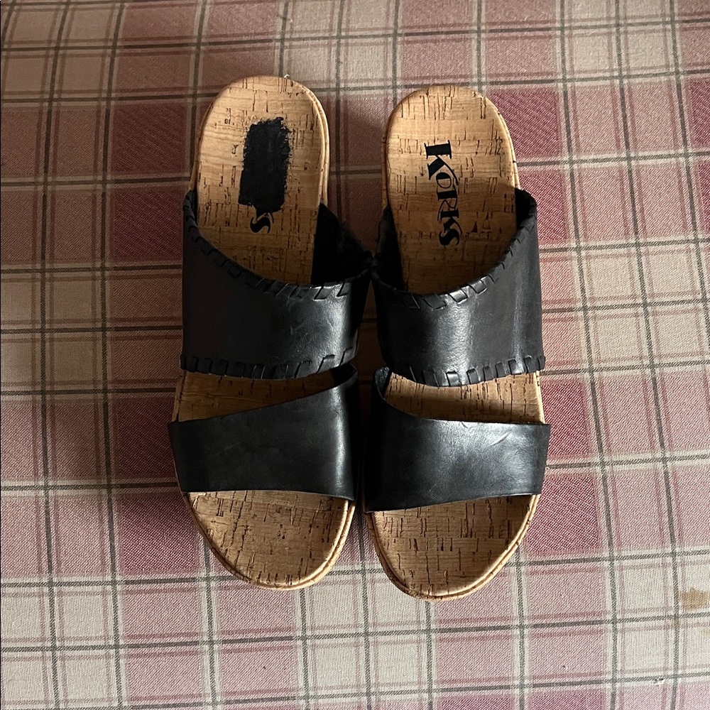KORKs Black Leather Wedge Slide Sandals